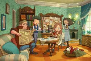 layton et ses amis dans un salon avec énigmes et indices à résoudre