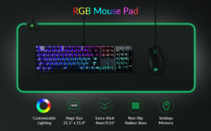 tapis de souris rgb aukey km-p6 avec clavier et souris gaming, bordure led verte personnalisable
