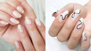deux designs de nail art printemps : motifs géométriques dorés et lignes ondulées noires sur base nude