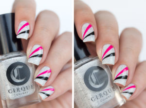 nail art géométrique rose et noir sur vernis blanc pailleté cirque colors