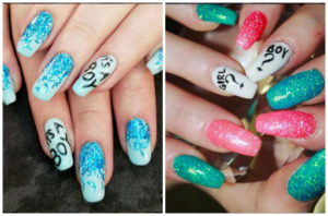 nail art été coloré avec paillettes et motifs géométriques bleus, roses et verts