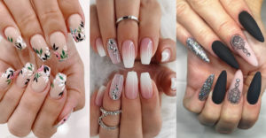 trois designs de nail art tendance 2021 : floral délicat, dégradé rose nude et motifs géométriques noirs