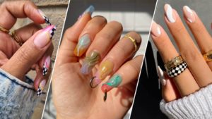 trois designs de nail art tendance 2021 avec motifs géométriques et couleurs estivales