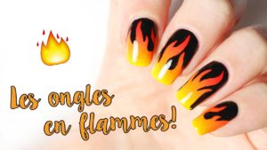 ongles en flammes avec dégradé jaune orange et noir, design nail art