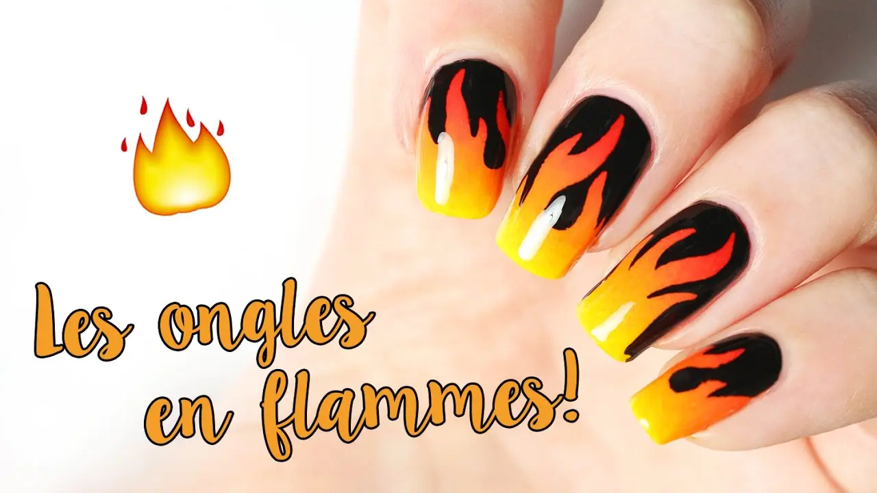 ongles en flammes avec dégradé jaune orange et noir, design nail art