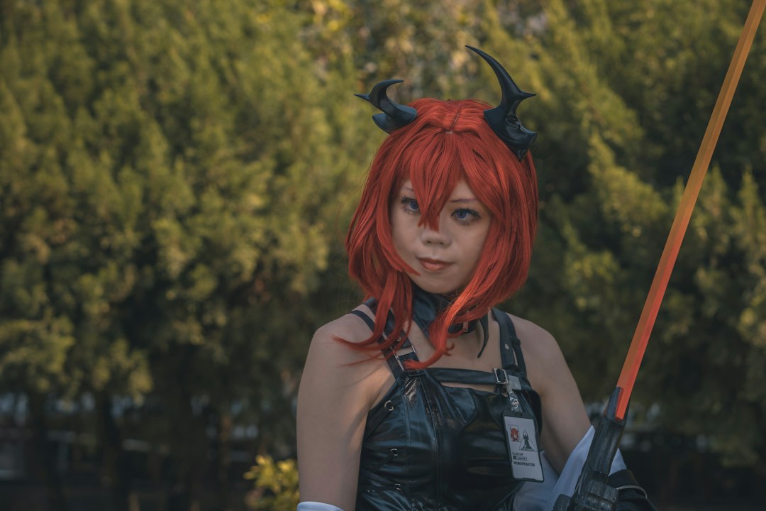 Cosplayer dressed as a character with horns
