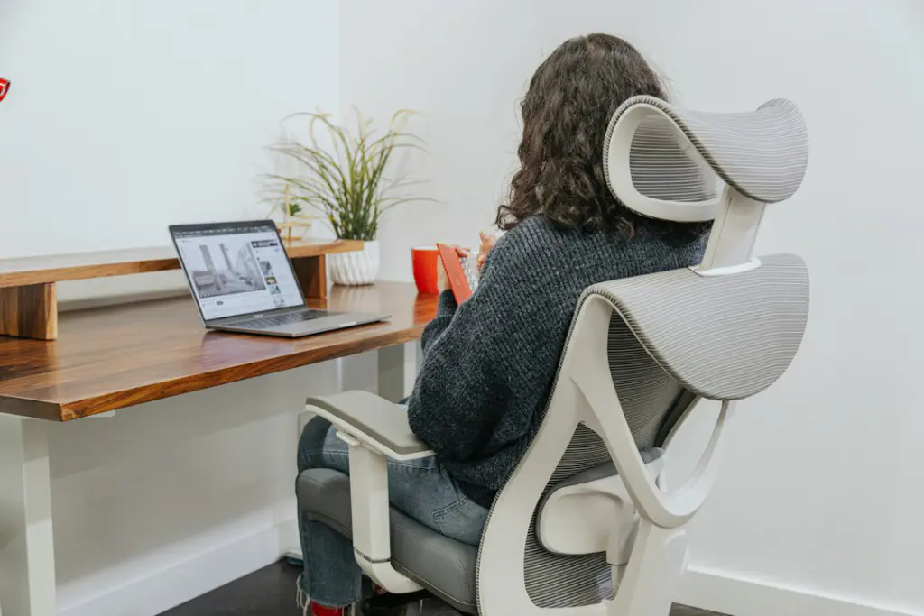 a woman sitting at a desk with a laptop